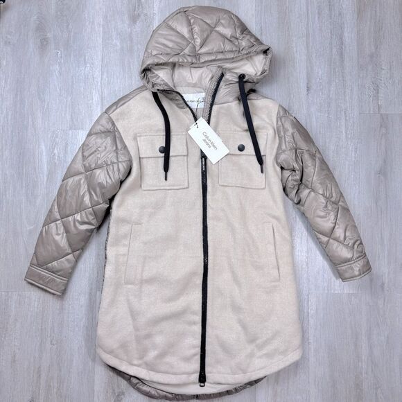 Calvin Klein Women's Petite Quilted Hooded Zip Up Long Coat XS - Picture 2 of 9